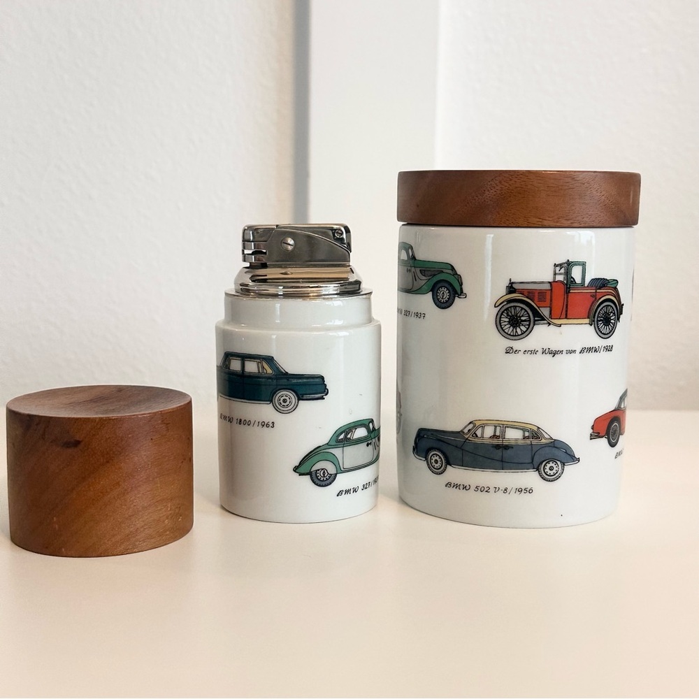 VTG BMW Germany Porcelain Tabletop Empty Lighter Cigarette Jar Automobiles READ!